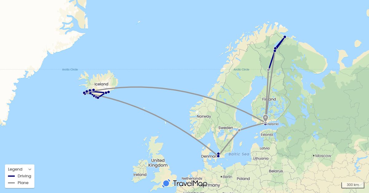 TravelMap itinerary: driving, plane in Denmark, Finland, Iceland, Norway, Sweden (Europe)